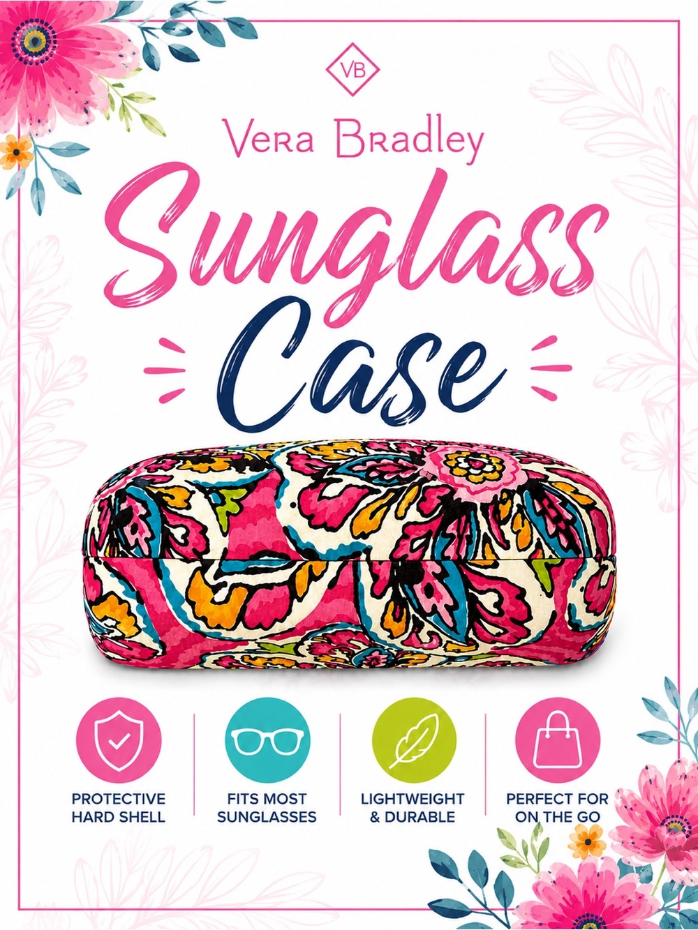 Vera Bradley Sunglass Case Pink Red Paisley Hard Clamshell